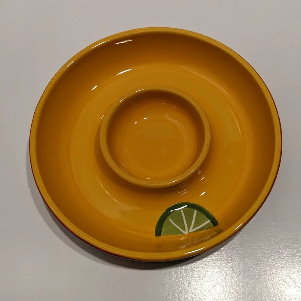 Crate & Barrel Lime Divided Chip and Salsa Serving Platter Bowl – [Yellow]